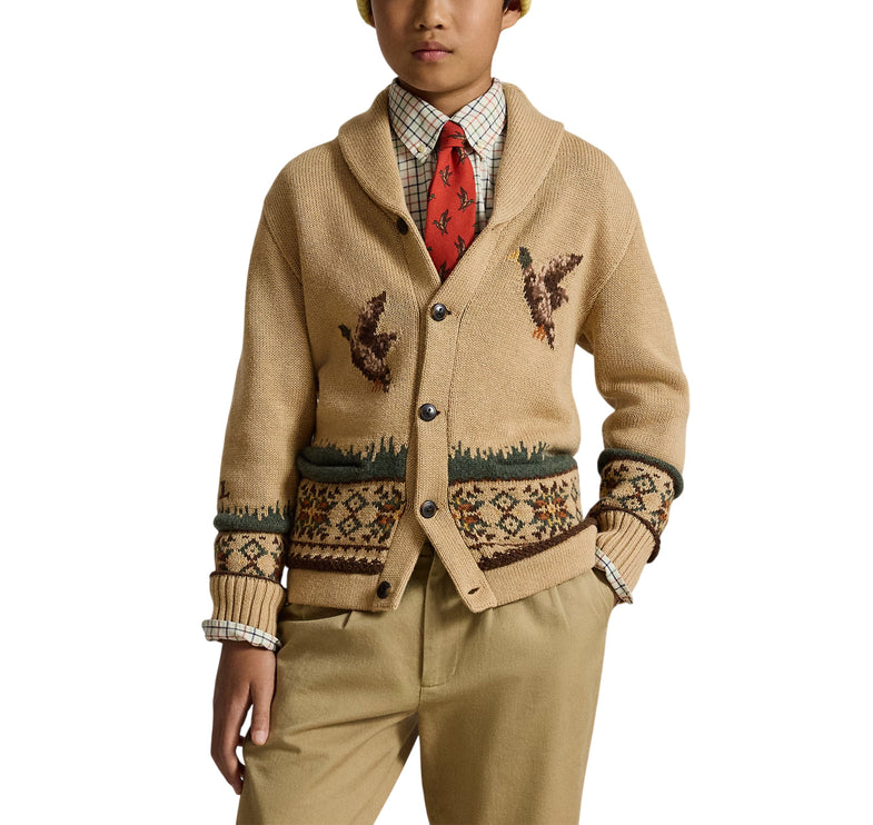 Polo Ralph Lauren Boy's Cotton-Wool Shawl Cardigan Camel Multi