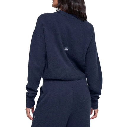 alo Women's Wool Cashmere Cropped New Class Crewneck Sweater Navy