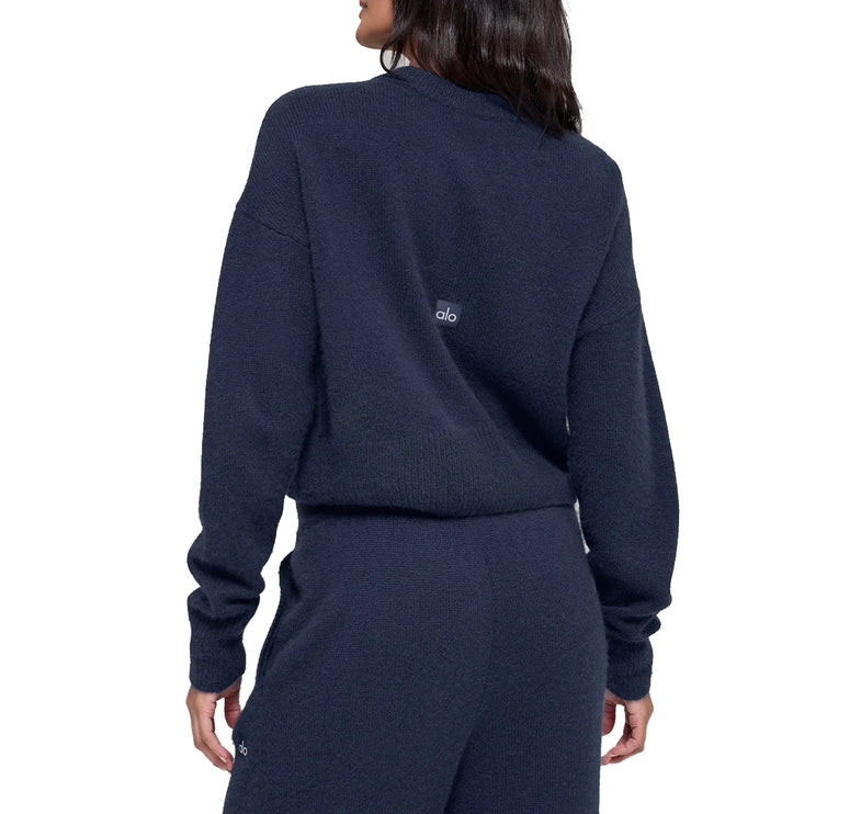 alo Women's Wool Cashmere Cropped New Class Crewneck Sweater Navy