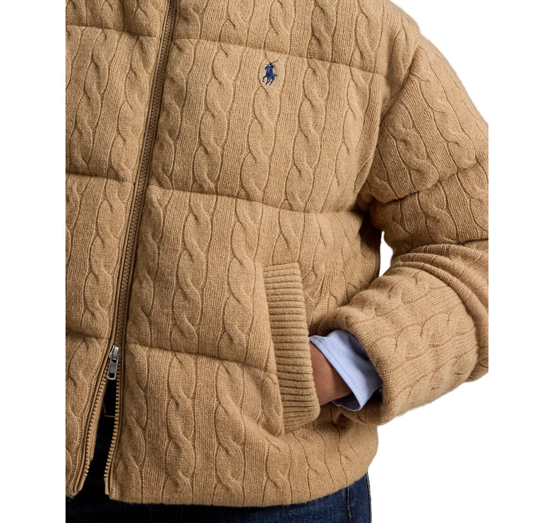 Polo Ralph Lauren Women's Cable Wool-Cashmere Puffer Jacket Collection Camel Melange