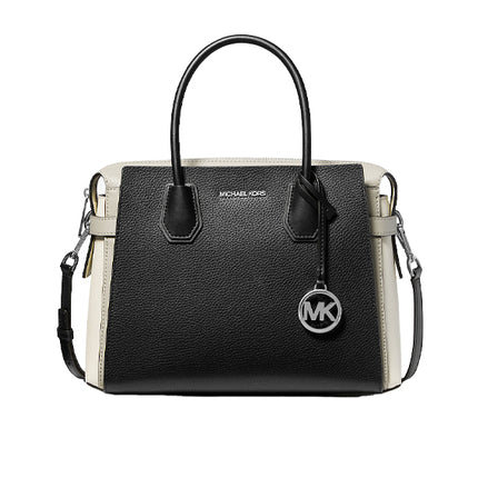 Michael Kors Women's Mercer Medium Color-Block Leather Belted Satchel Silver Black Combo