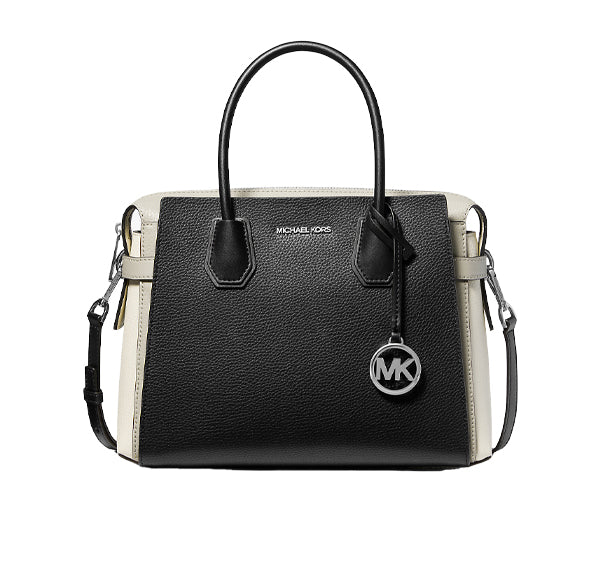 Michael Kors Women's Mercer Medium Color-Block Leather Belted Satchel Silver Black Combo