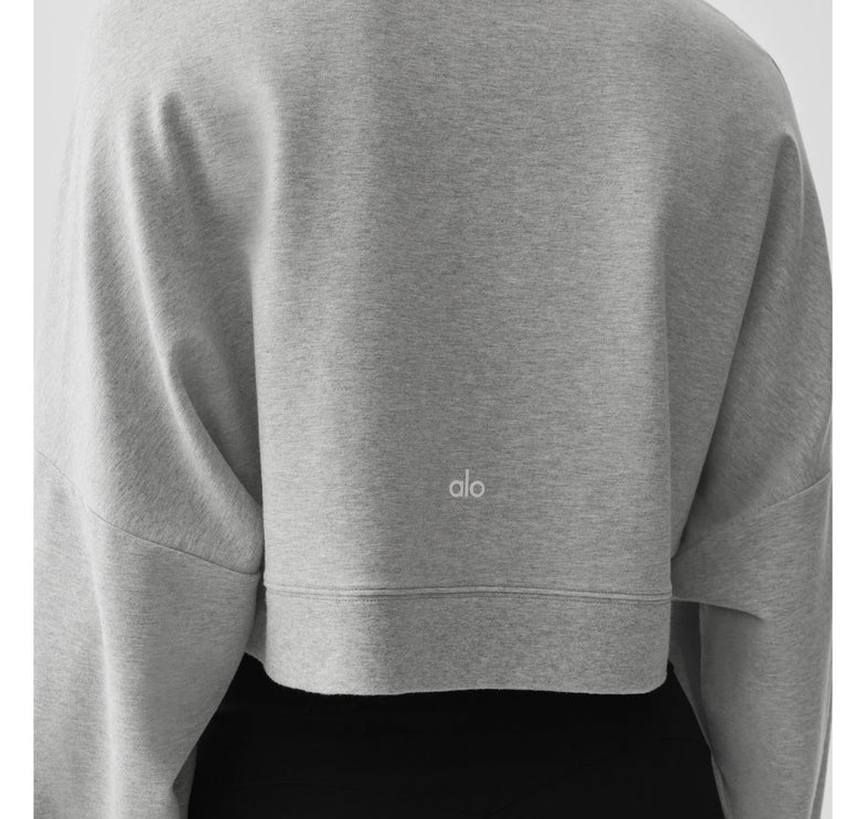 alo Women's Cropped Sway Crew Neck Pullover Athletic Heather Grey