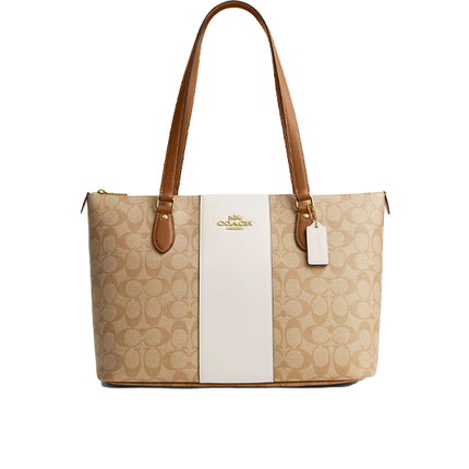 Coach Women's Gallery Tote In Signature Canvas With Stripe Gold/Light Khaki/Chalk Lt Saddle