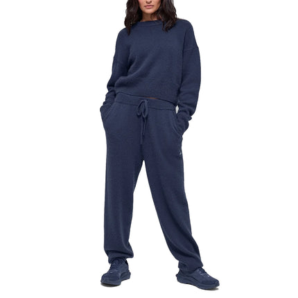 alo Women's Wool Cashmere Cropped New Class Crewneck Sweater Navy