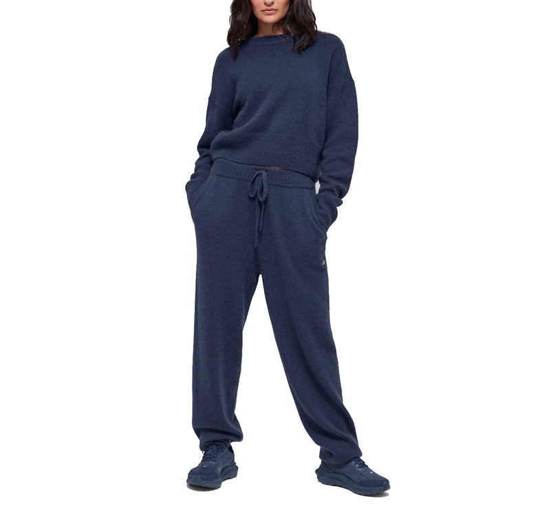alo Women's Wool Cashmere Cropped New Class Crewneck Sweater Navy