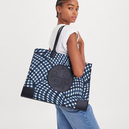 Tory Burch Women's Ella Printed Tote Navy Warped Gingham