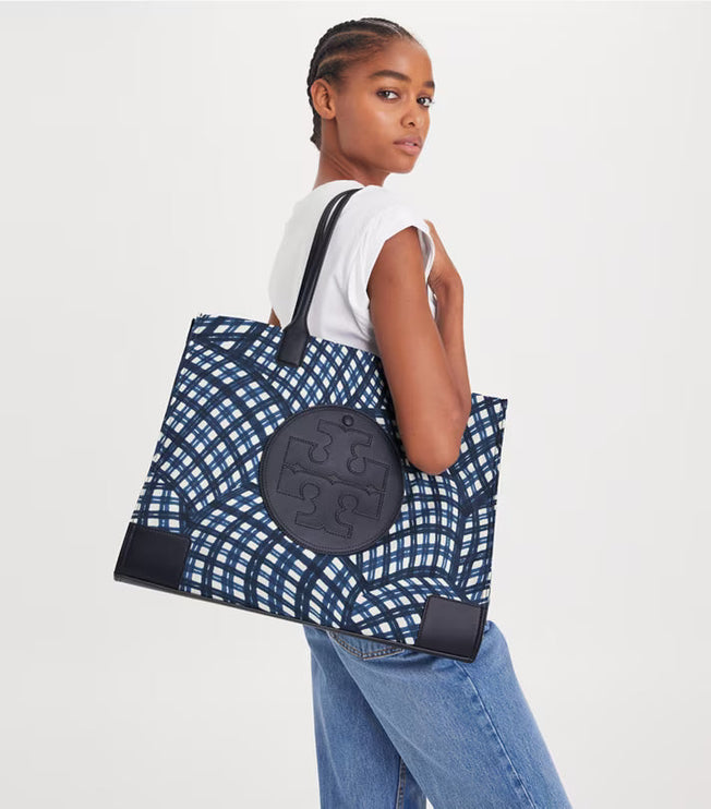 Tory Burch Women's Ella Printed Tote Navy Warped Gingham