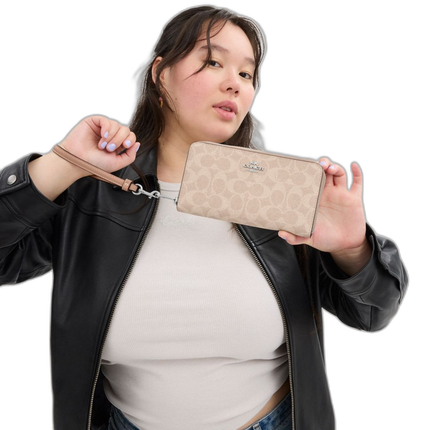 Coach Women's Long Zip Around Wallet In Signature Canvas Silver/Sand/Taupe