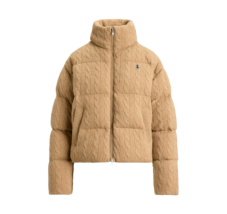 Polo Ralph Lauren Women's Cable Wool-Cashmere Puffer Jacket Collection Camel Melange