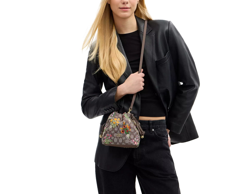 Coach Women's Faye Mini Drawstring Bag In Signature Jacquard With Floral Embroidery Gold/Oak Multi