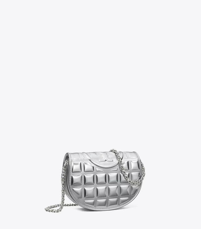 Tory Burch Women's Mini Fleming Metallic Square Quilt Crossbody Silver