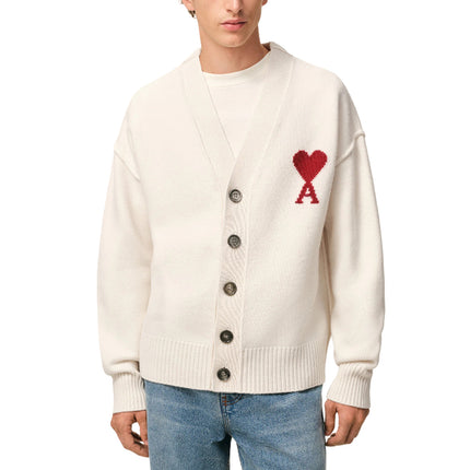 AMI Alexandre Mattiussi Unisex Ami de Coeur Wool Cardigan Off White/Red