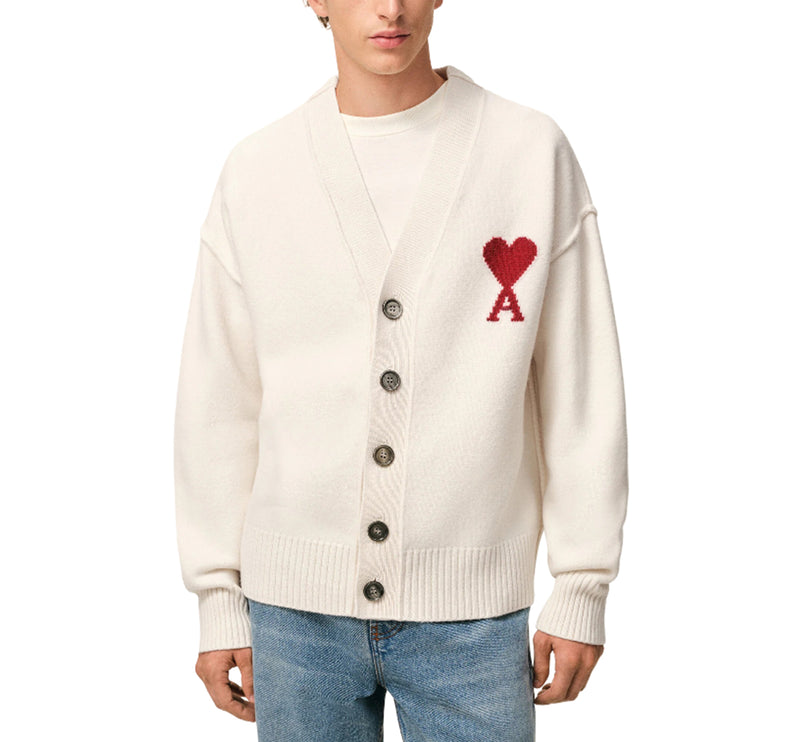 AMI Alexandre Mattiussi Unisex Ami de Coeur Wool Cardigan Off White/Red