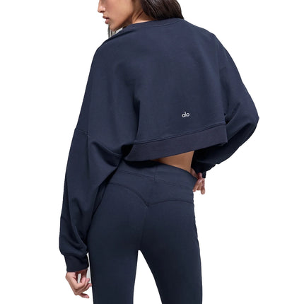 alo Women's Cropped Sway Crew Neck Pullover Navy