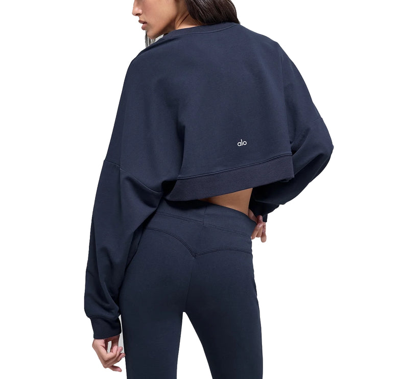 alo Women's Cropped Sway Crew Neck Pullover Navy