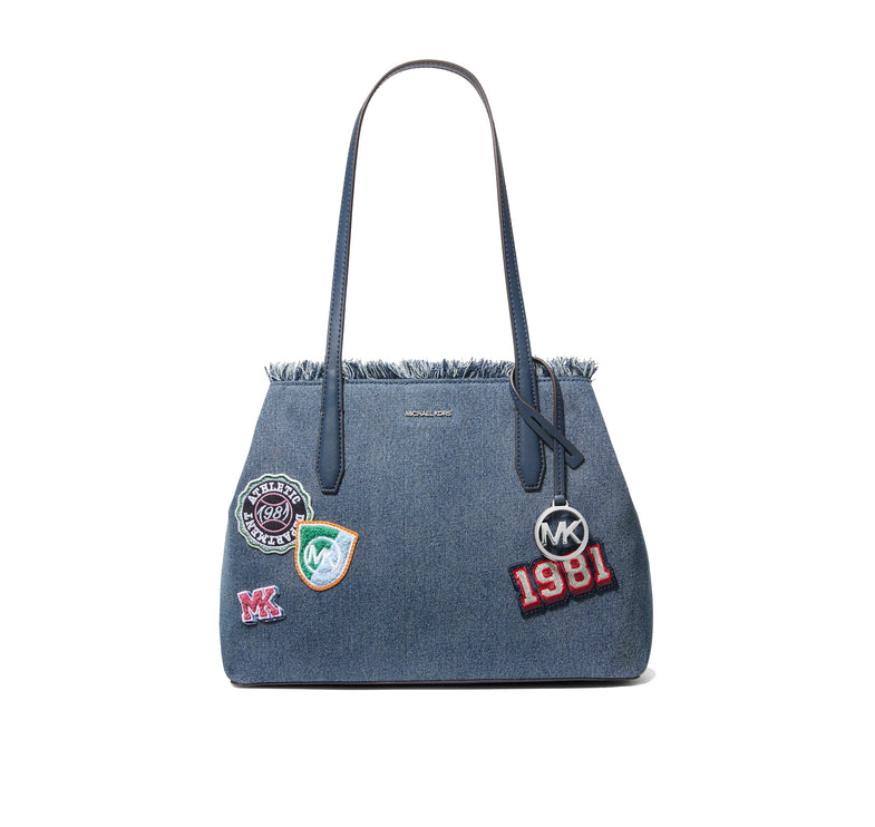 Michael Kors Women's Avalon Medium Embellished Denim Convertible Tote Bag Washed Denim
