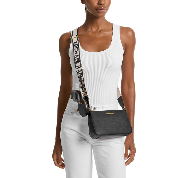 Michael Kors Women's Jet Set Saffiano Leather Crossbody Bag with Case for Apple Airpods Pro Black/Gold