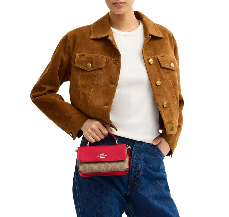 Coach Women's Mini Josie Top Handle Bag In Signature Canvas Gold/Tan/Carnation