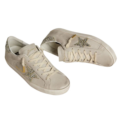 Golden Goose Women's Super Star in Ivory Nappa Leather with Platinum Glitter Star and Heel Tab