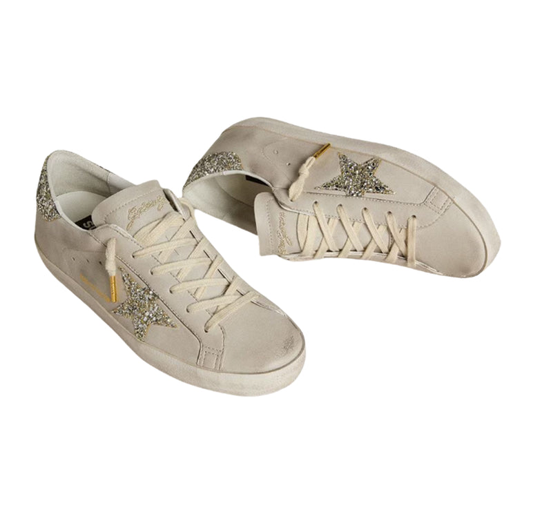 Golden Goose Women's Super Star in Ivory Nappa Leather with Platinum Glitter Star and Heel Tab