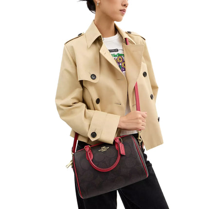 Coach Women's Rowan Satchel Bag In Maxi Signature Canvas Gold/Walnut/True Red