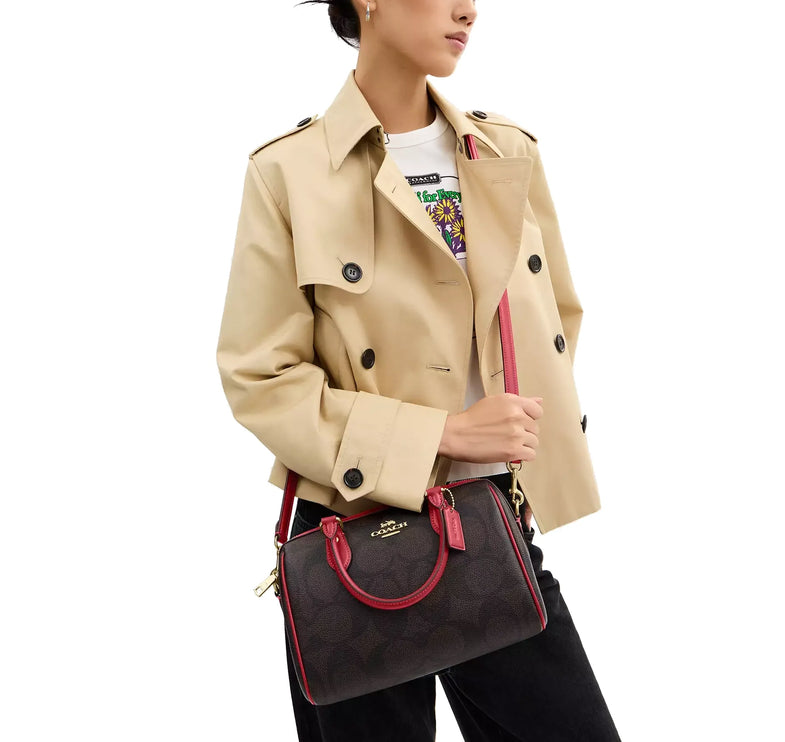 Coach Women's Rowan Satchel Bag In Maxi Signature Canvas Gold/Walnut/True Red