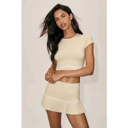 alo Women's Cotton Cashmere My Serve Short Sleeve Sandy Beige/White
