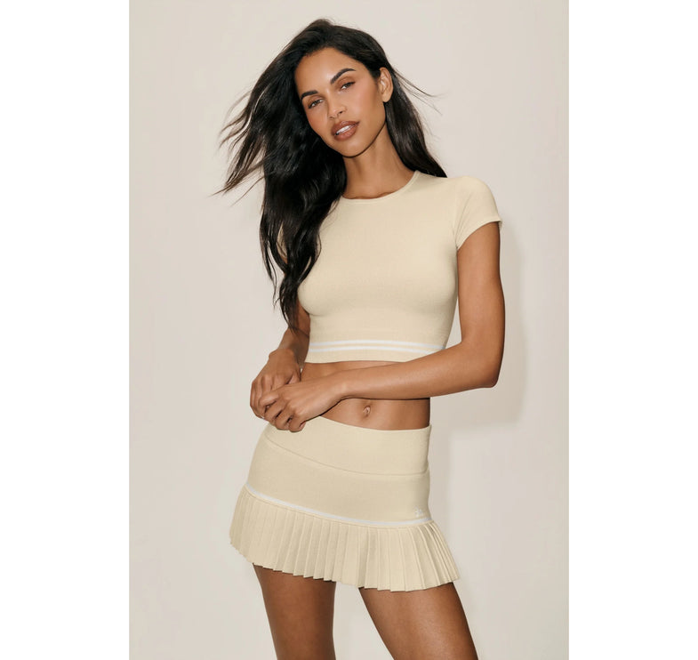alo Women's Cotton Cashmere My Serve Short Sleeve Sandy Beige/White