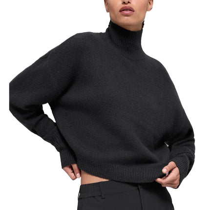 alo Women's Wool Cashmere Cropped New Class Turtleneck Sweater Black
