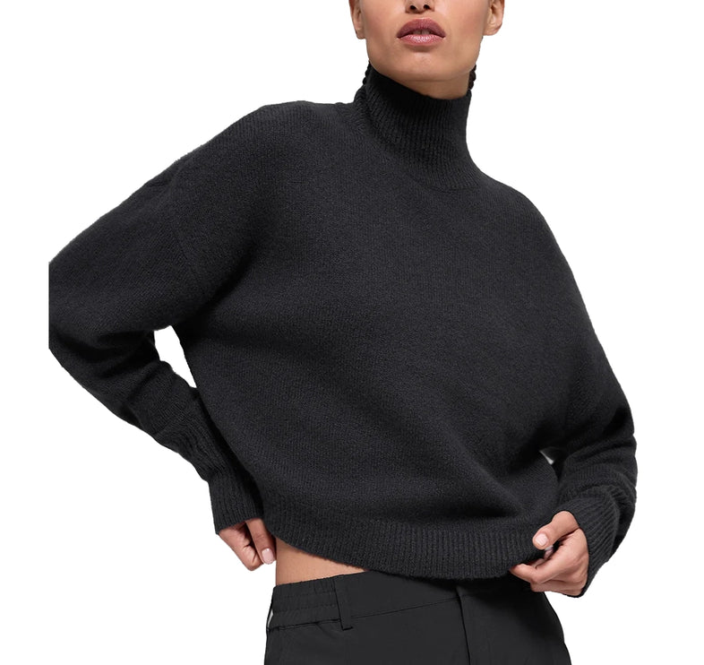 alo Women's Wool Cashmere Cropped New Class Turtleneck Sweater Black