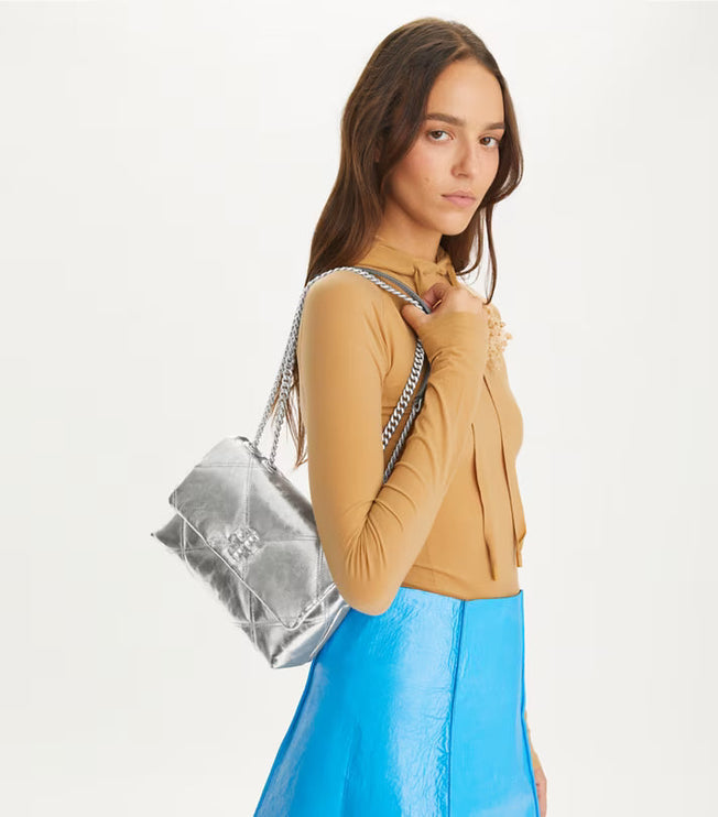 Tory Burch Women's Small Kira Diamond Quilt Metallic Convertible Shoulder Bag Silver