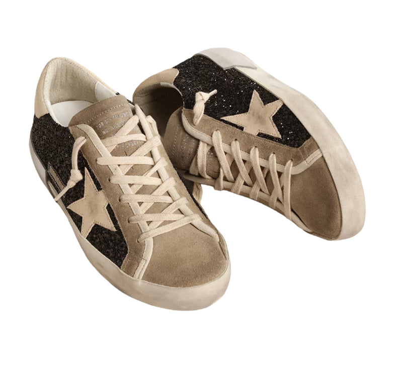 Golden Goose Women's Super Star in Black Glitter with Cream Star and Suede Inserts