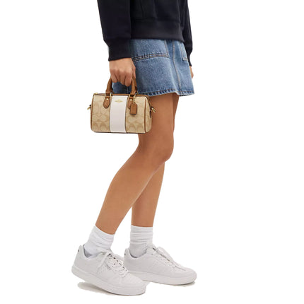 Coach Women's Mini Rowan Crossbody In Signature Canvas With Stripe Gold/Light Khaki/Chalk Lt Saddle - Hemen Kargoda