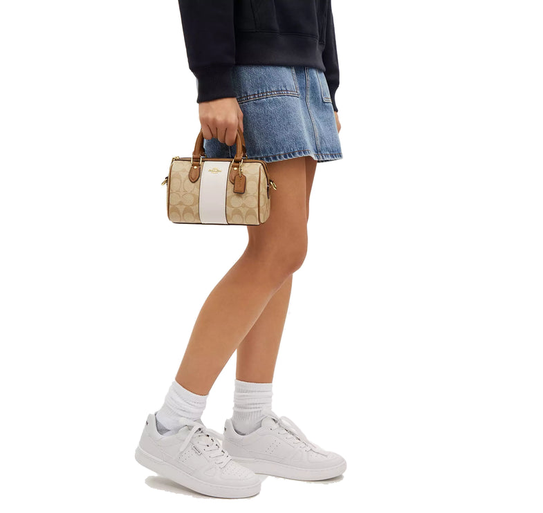 Coach Women's Mini Rowan Crossbody In Signature Canvas With Stripe Gold/Light Khaki/Chalk Lt Saddle - Hemen Kargoda