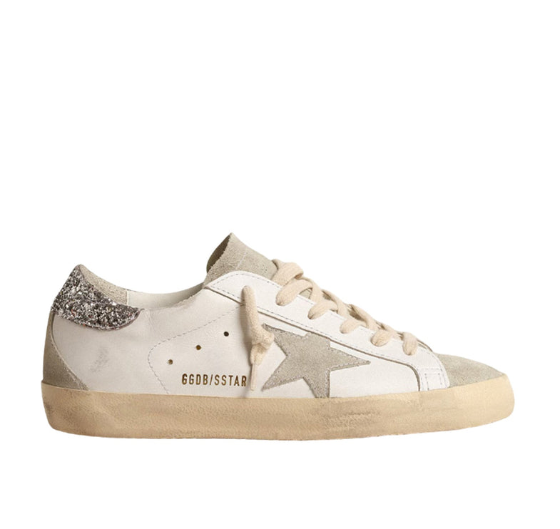 Golden Goose Women's Super Star Sneakers with Gray Star and Silver Glitter