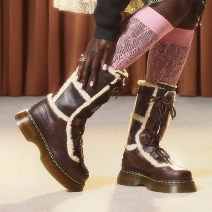 Dr. Martens Women's Buzz Lace Up Faux Fur Lined Grizzly Leather Boots Dark Brown