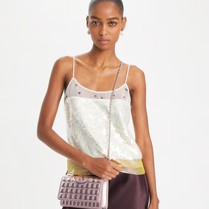 Tory Burch Women's Fleming Metallic Quilt Crossbody Sparkle Pink