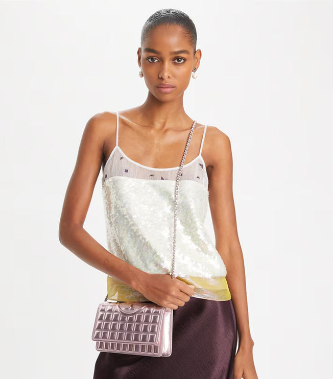 Tory Burch Women's Fleming Metallic Quilt Crossbody Sparkle Pink