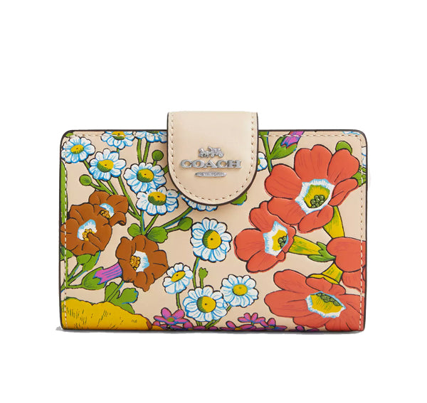 Coach Women's Medium Corner Zip Wallet With Floral Print Silver/Ivory Multi