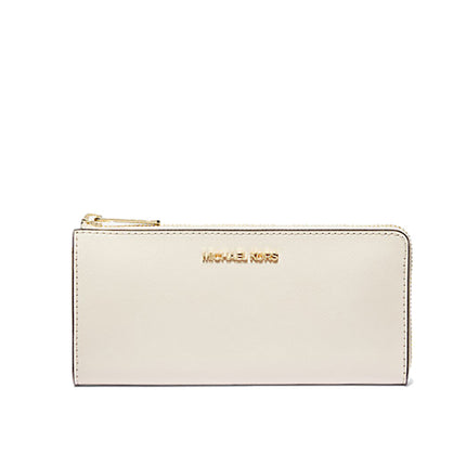 Michael Kors Women's Jet Set Travel Large Saffiano Leather Quarter Zip Wallet Light Cream