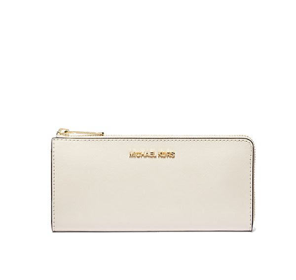 Michael Kors Women's Jet Set Travel Large Saffiano Leather Quarter Zip Wallet Light Cream