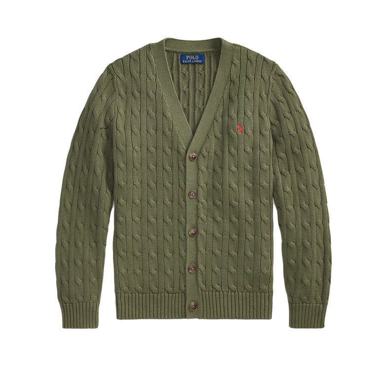 Polo Ralph Lauren Boy's Cable-Knit Cotton V-Neck Cardigan Cruise Olive