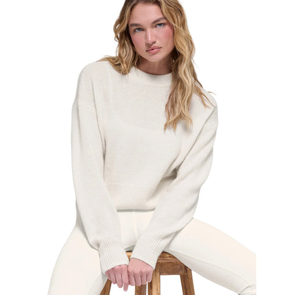 alo Women's Wool Cashmere Cropped New Class Crewneck Sweater Ivory
