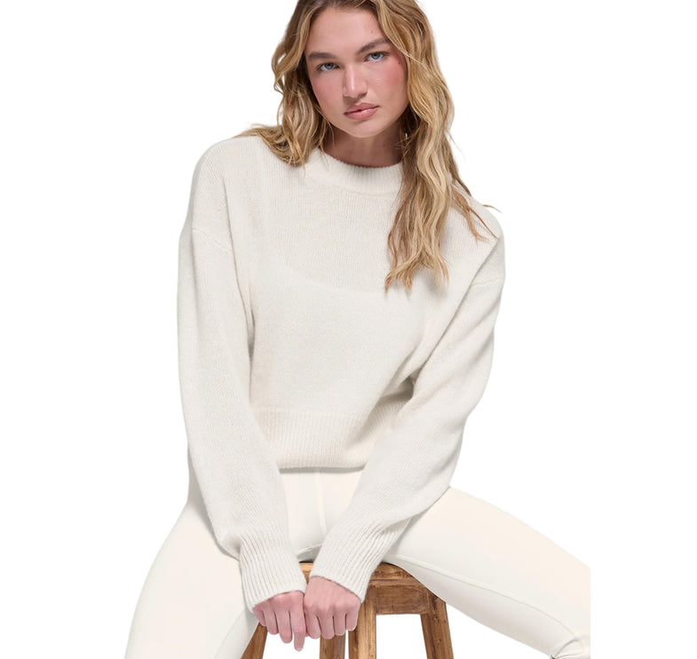 alo Women's Wool Cashmere Cropped New Class Crewneck Sweater Ivory