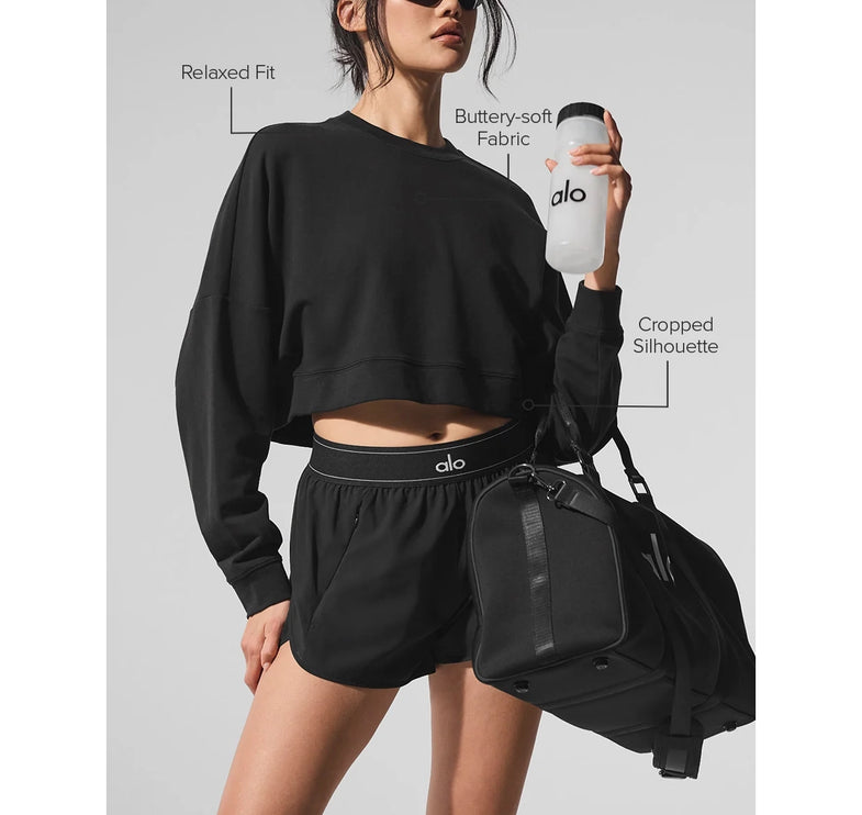alo Women's Cropped Sway Crew Neck Pullover Black