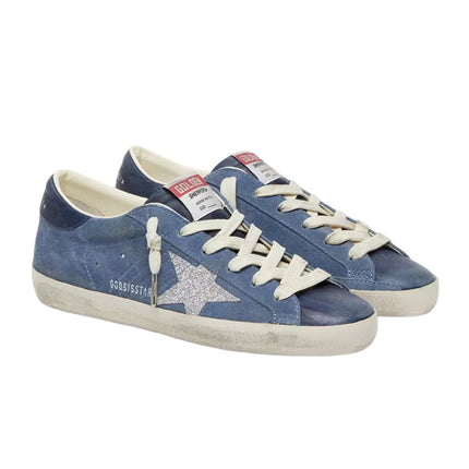 Golden Goose Women's Super-Star Star in Denim Blue Suede with Silver Glitter Star