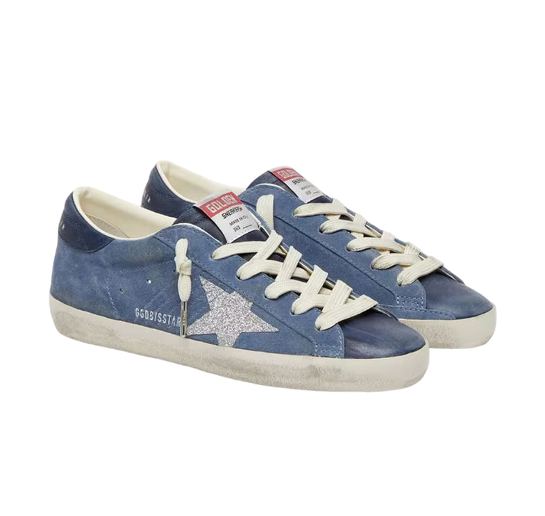 Golden Goose Women's Super-Star Star in Denim Blue Suede with Silver Glitter Star