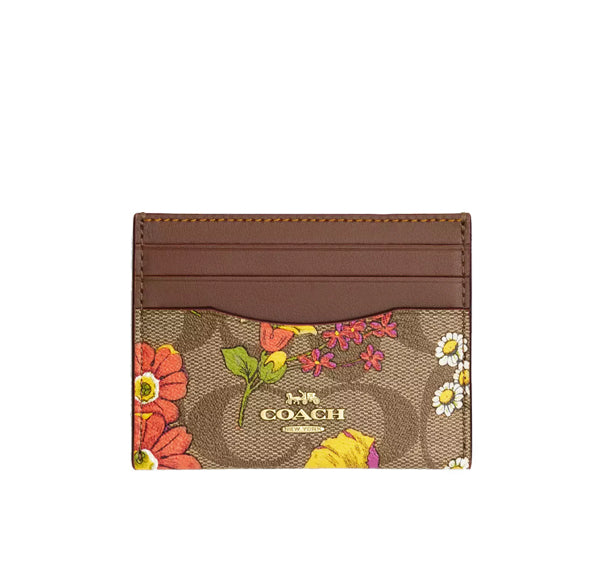 Coach Women's Slim Id Card Case In Signature Canvas With Floral Print Gold/Khaki Multi