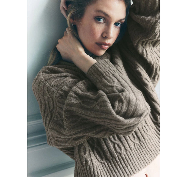 alo Women's Cable Knit Winter Bliss Hoodie Light Cocoa